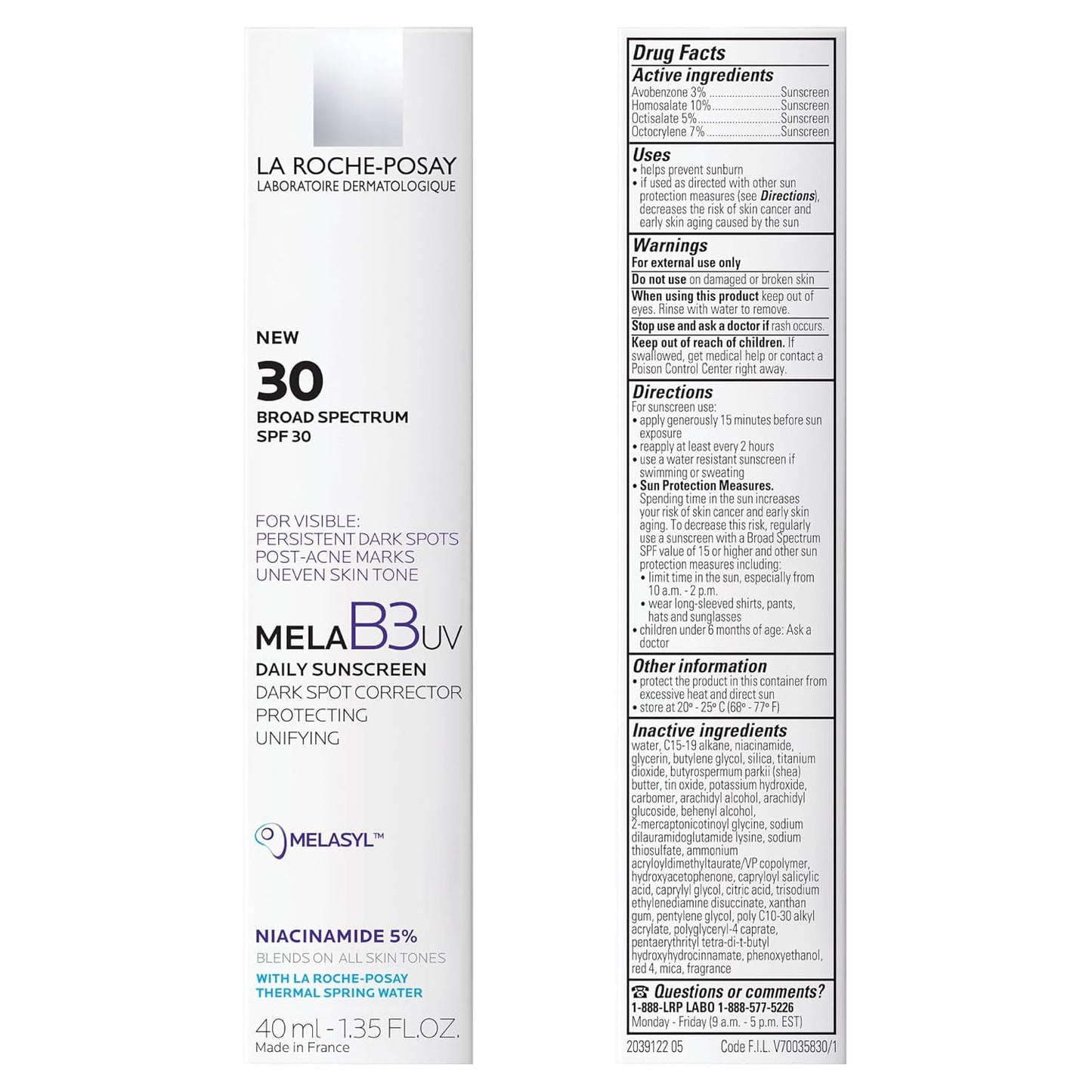 La Roche-Posay Mela B3 UV Daily Sunscreen, Face Moisturizer With SPF 30 + Anti-Aging Melasyl + 5% Niacinamide, Helps Correct & Protect From Sun Damage, Face Sunscreen With No White Cast, 40ML