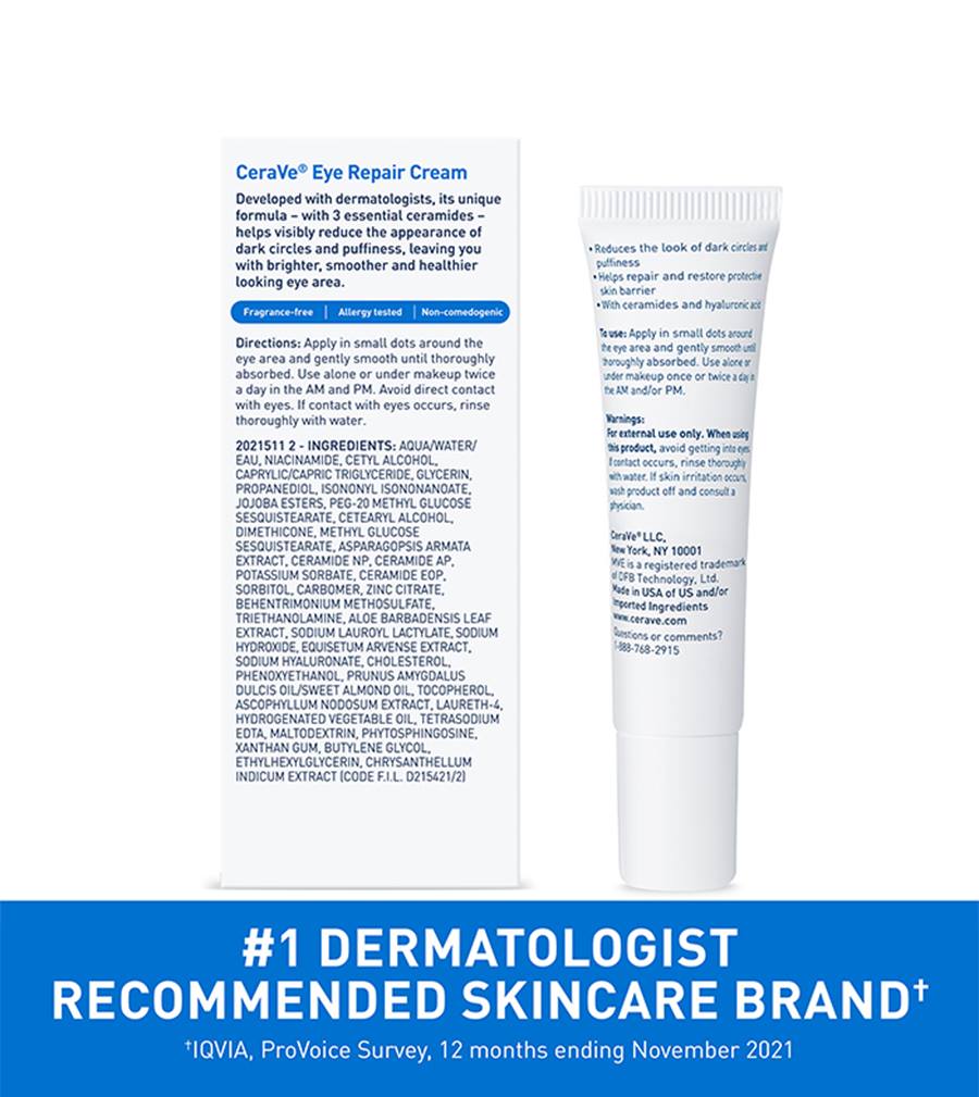 CeraVe Eye Repair Cream, Under Eye Cream For Puffiness And Bags Under Eyes, Hyaluronic Acid + Niacinamide + Marine Botanical Complex, Oil Free & Opthalmologist Tested