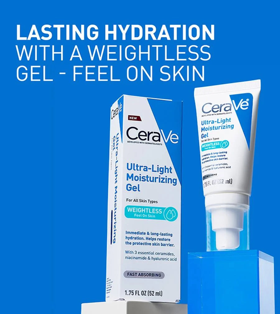 CeraVe Ultra-Light Moisturizing Gel, Hydrating Gel Face Moisturizer For Men & For Women with Ceramides, Niacinamide, Hyaluronic Acid, Fragrance Free, Oil-Free, Mattifying Moisturizer, 1.75 FL Oz