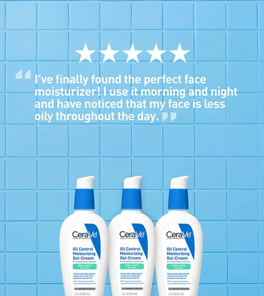 CeraVe Oil Control Moisturizing Gel-Cream, Face Moisturizer for Oily Skin, Niacinamide, Hyaluronic Acid & Oil Absorbing Technology To Rebalance Oily Skin, Non-Comedogenic, Fragrance Free & Oil-Free