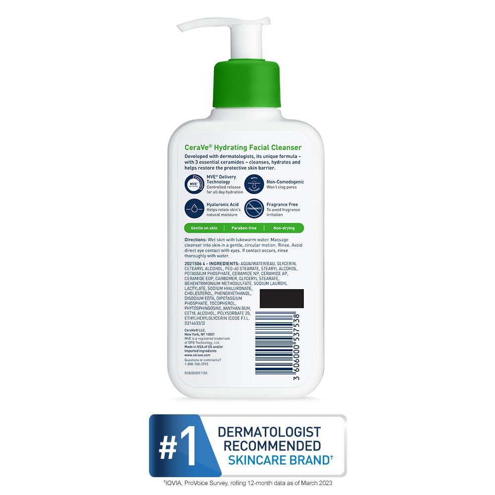 CeraVe Hydrating Facial Cleanser, Moisturizing Face Wash For Dry Skin, Hyaluronic Acid + Ceramides + Glycerin, Hydrating Cleanser For Normal To Dry Skin, National Eczema Association Certified