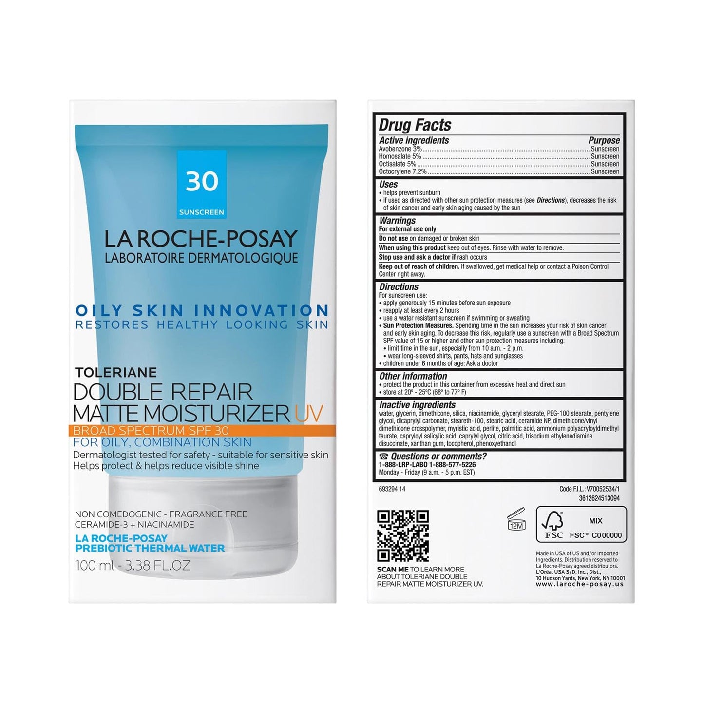 La Roche-Posay Toleriane Double Repair Matte Face Moisturizer, Daily Moisturizer For Oily Skin With Ceramide And Niacinamide For All Skin Tones, Oil Free, Non-Comedogenic, Available with SPF 30