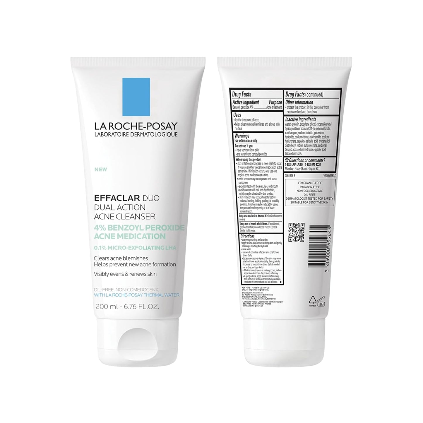 La Roche-Posay Effaclar Dual Acne Face Wash With 4% Benzoyl Peroxide & LHA Exfoliant, Acne Treatment Help Clear & Prevent Blemishes, Paraben Free & Oil Free Wash, 6.76 Fl Oz