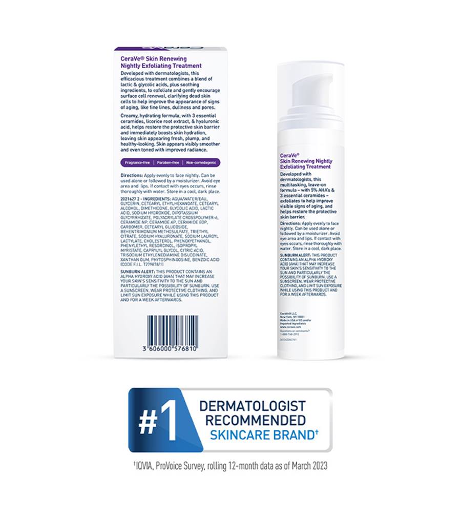 CeraVe Skin Renewing Nightly Exfoliating Treatment, Anti Aging Serum With 5% Blend Of Glycolic Acid & Lactic Acid, Wrinkles & Dark Spot Corrector For Face, Exfoliating Gel, 1.7 Oz