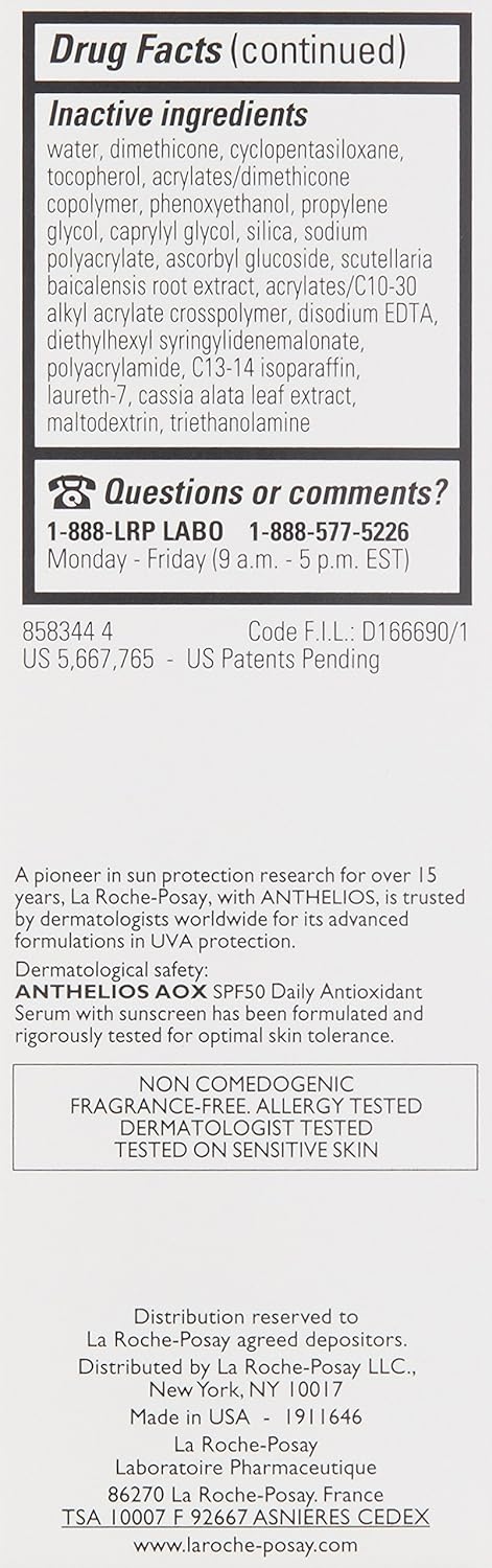 La Roche-Posay Anthelios AOX Daily Antioxidant Serum with SPF, Face Moisturizer with Sunscreen and Vitamin C & E, Oil Free Face Sunscreen for Sensitive Skin, Moisturizing Sun Protection