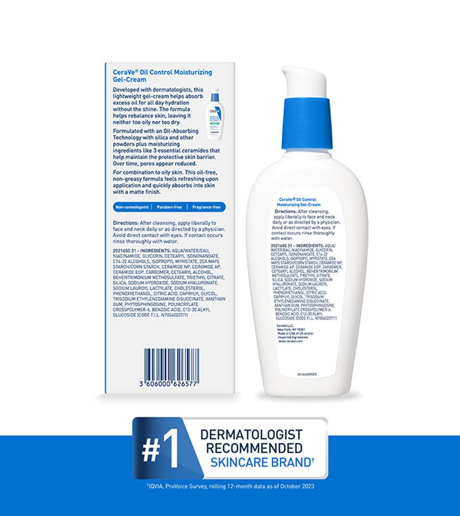 CeraVe Oil Control Moisturizing Gel-Cream, Face Moisturizer for Oily Skin, Niacinamide, Hyaluronic Acid & Oil Absorbing Technology To Rebalance Oily Skin, Non-Comedogenic, Fragrance Free & Oil-Free