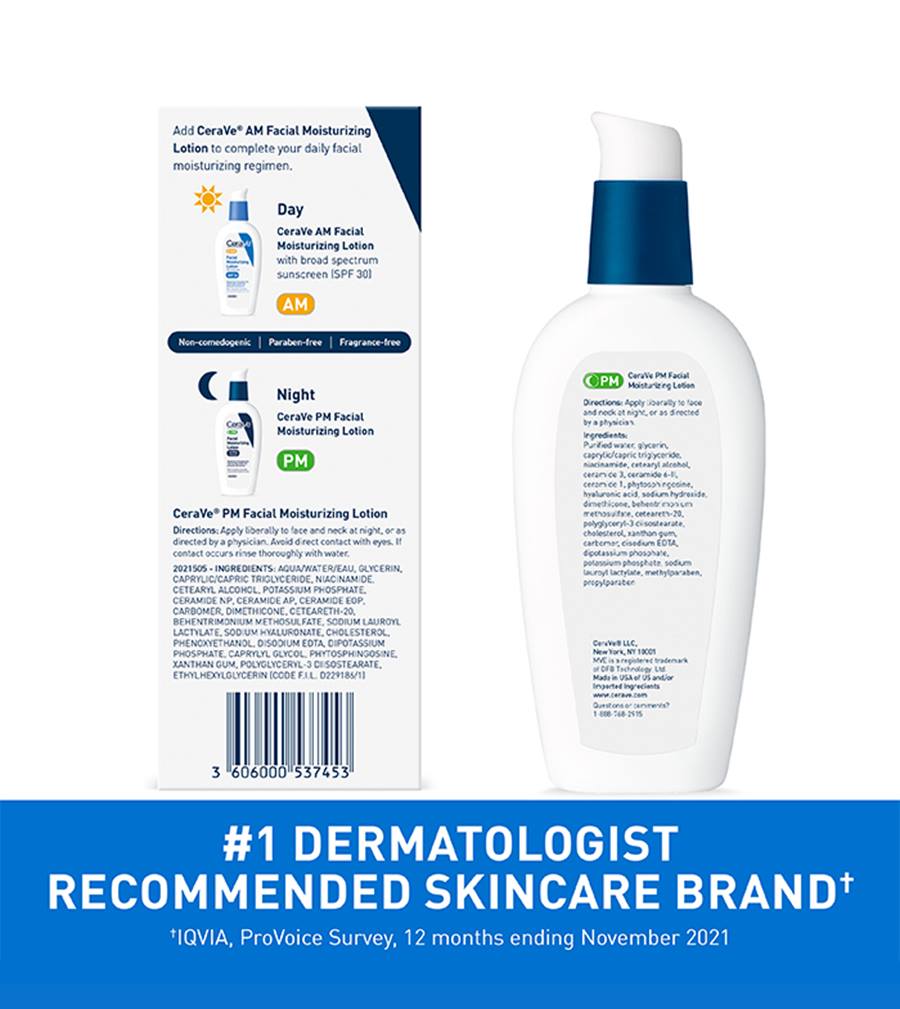 CeraVe PM Facial Moisturizing Lotion, Night Cream with Hyaluronic Acid and Niacinamide, Ultra-Lightweight, Oil-Free Moisturizer for Face, 3 Ounce