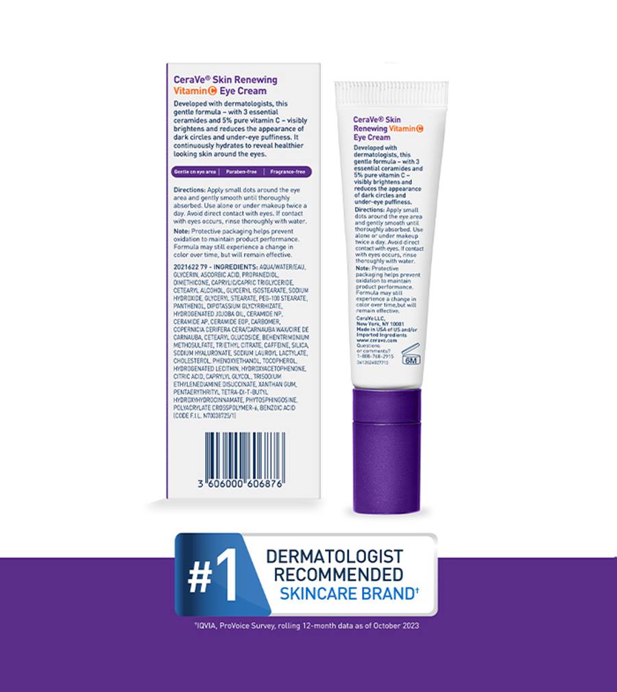CeraVe Skin Renewing Vitamin C Eye Cream, Vitamin C, Hyaluronic Acid, Ceramides & Caffeine, Under Eye Cream For Dark Circles and Puffiness, Fragrance Free & Ophthalmologist Tested, 0.5 Fl. Oz
