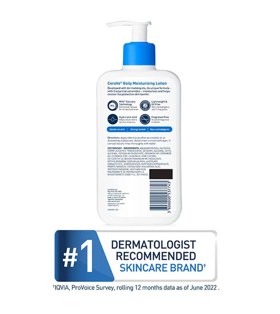 CeraVe Daily Moisturizing Lotion for Dry Skin, Body Lotion & Face Moisturizer with Hyaluronic Acid and Ceramides, Daily Moisturizer, Fragrance Free, Oil-Free